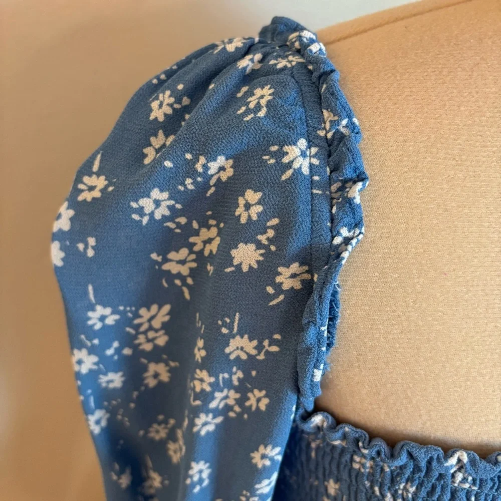 Reformation Pinto Top in Lassen Blue, Smocked, Puff Long Sleeve Dainty Floral, S